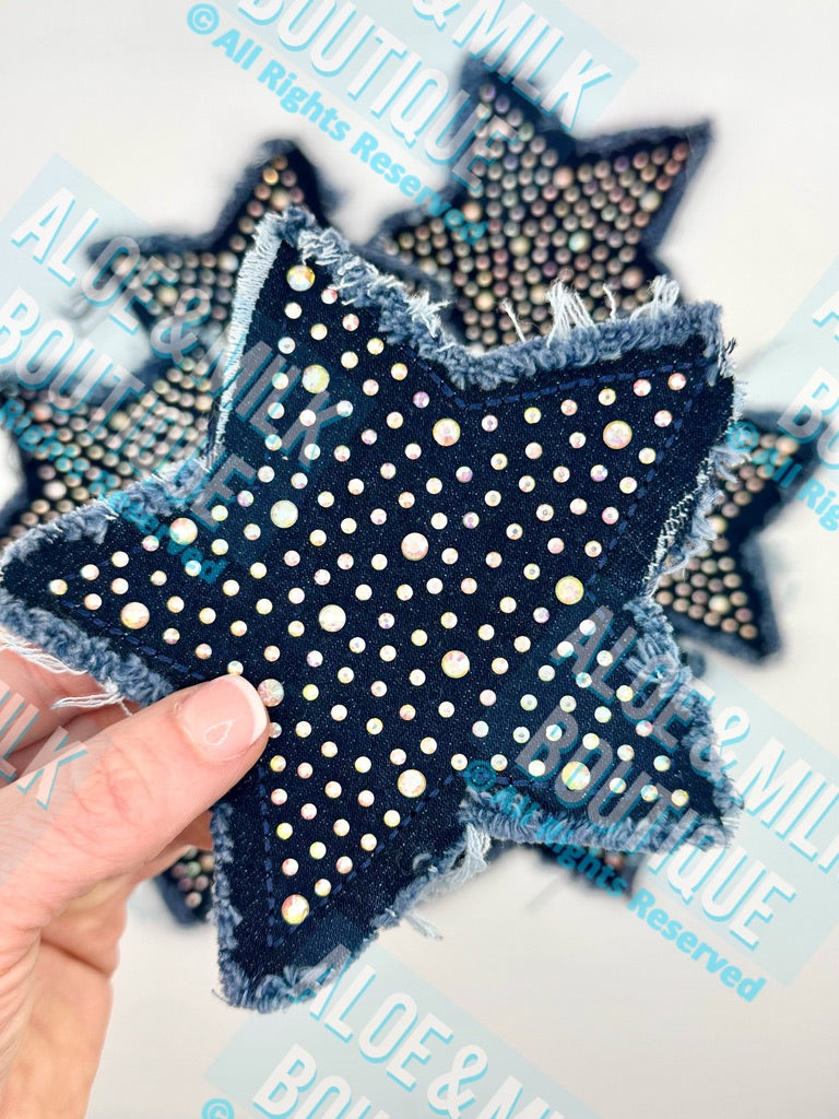 Denim Star Patch 5" and 3", denim star, game day patch, cheer patches, football star patch
