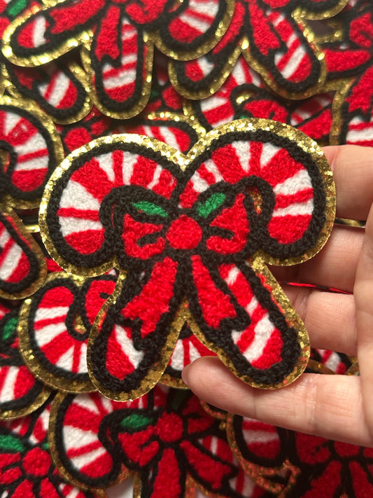 Christmas Chenille Double Candy Cane Bow Patch, Chenille Iron on patch, Glitter border patch, Iron On patch, Hat Patch, Christmas patch