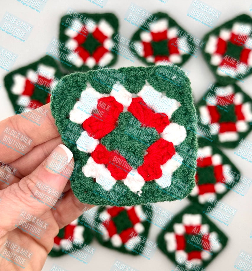 Christmas Crochet Granny Square-Red Green White- Holiday Iron on patch option