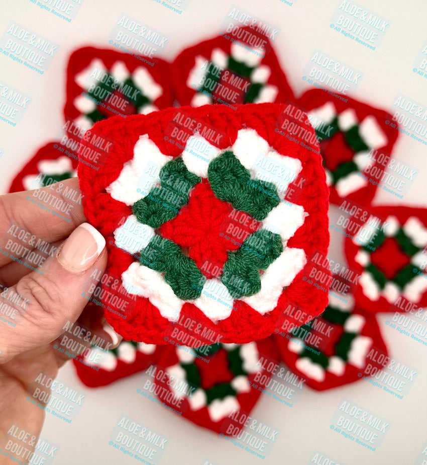 Christmas Crochet Granny Square-Red Green White- Holiday Iron on patch option