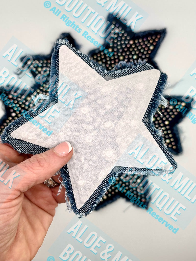 Denim Star Patch 5" and 3", denim star, game day patch, cheer patches, football star patch