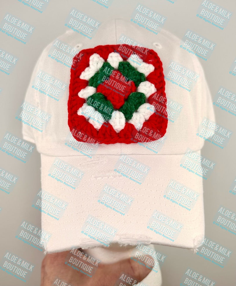 Christmas Crochet Granny Square-Red Green White- Holiday Iron on patch option