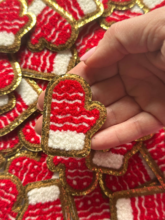 Christmas Chenille Mitten Patch, Chenille Iron on patch, Glitter border patch, Iron On patch, Hat Patch, Christmas patch