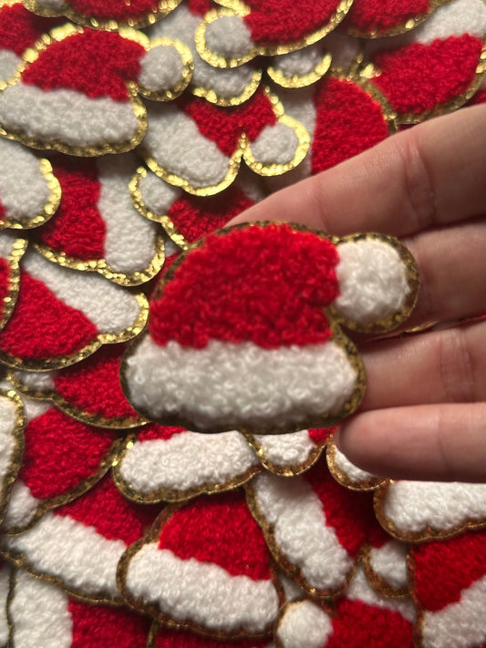Christmas Chenille Santa Hat patch, Chenille Iron on patch, Glitter border patch, Iron On patch, Hat Patch, Christmas patch