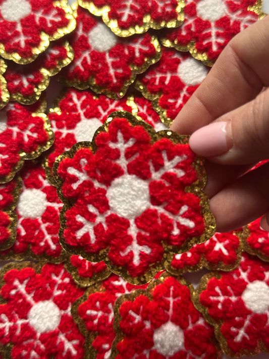 Christmas Chenille Red Snowflake Patch, Chenille Iron on patch, Glitter border patch, Iron On patch, Hat Patch, Christmas patch (1)