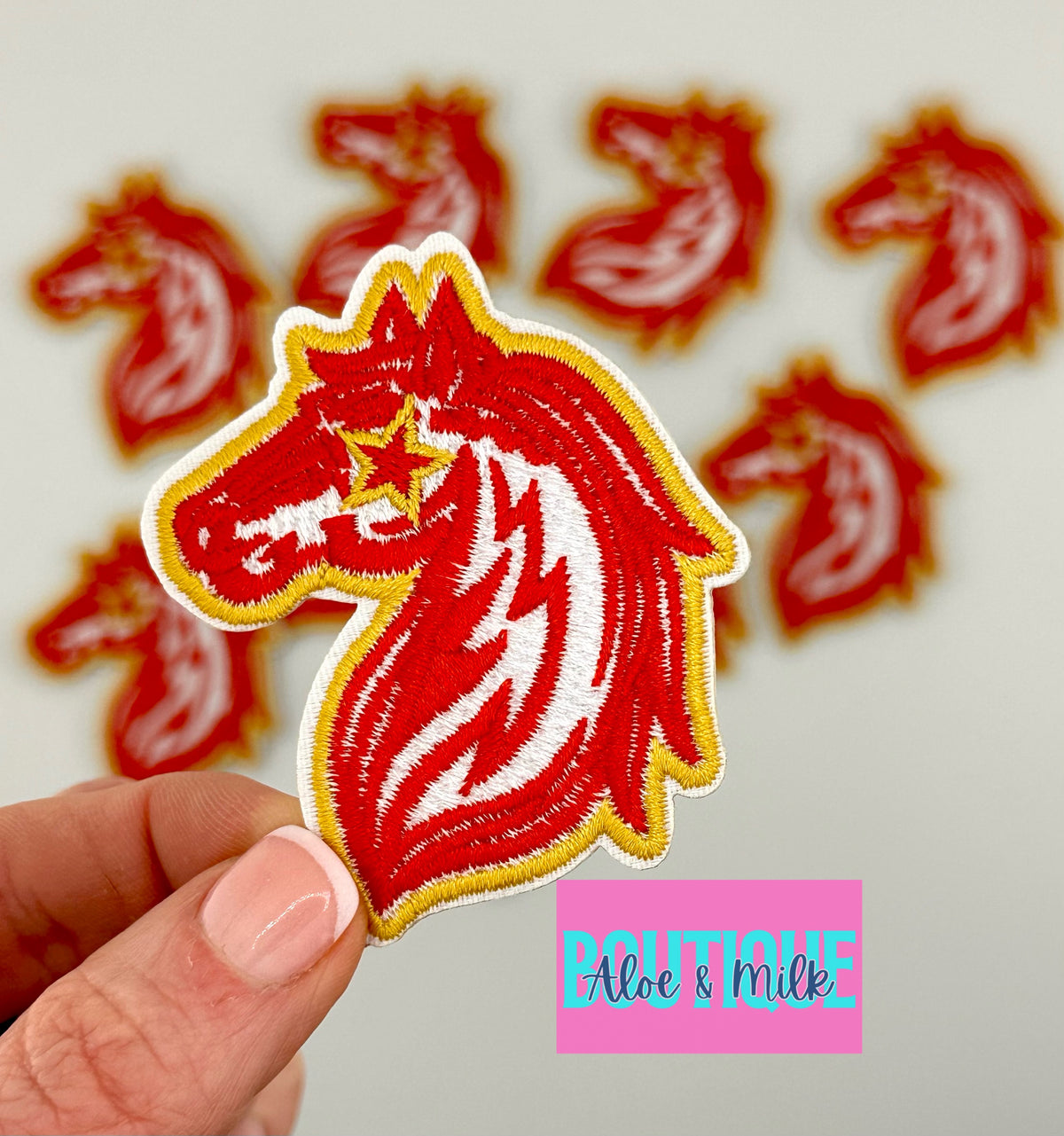 Mascot Mustang, team patches