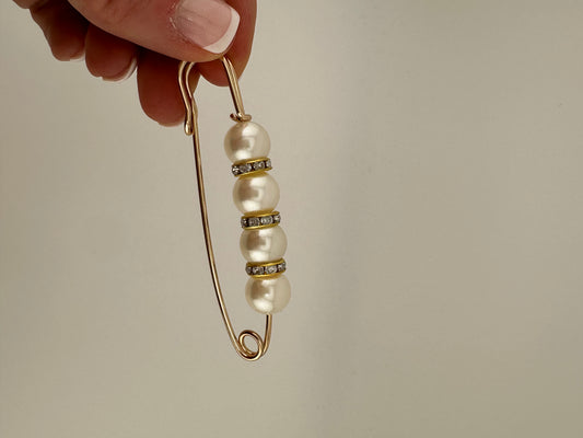 Large Pearl and Rhinestone Safety pin White