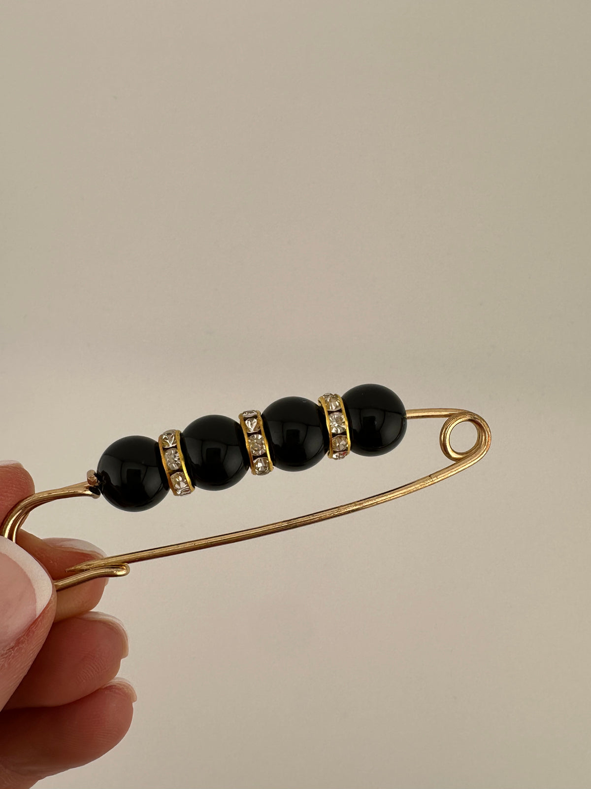 Large Pearl and Rhinestone Safety pin Black