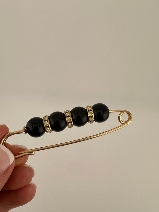 Large Pearl and Rhinestone Safety pin Black