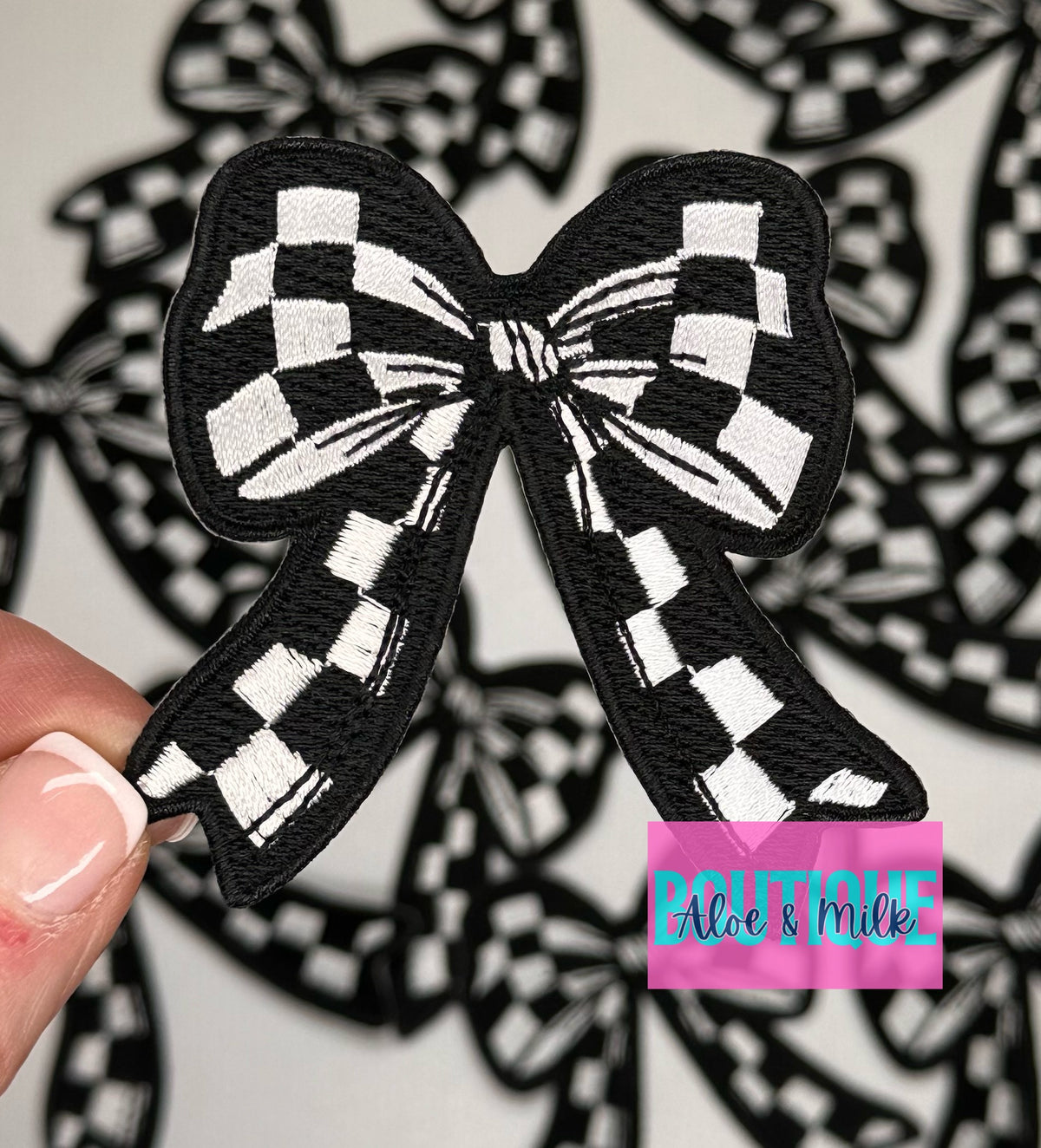 Checkered Bow embroidered patch, bow patches, checkered patch, cheer patches, game day patch