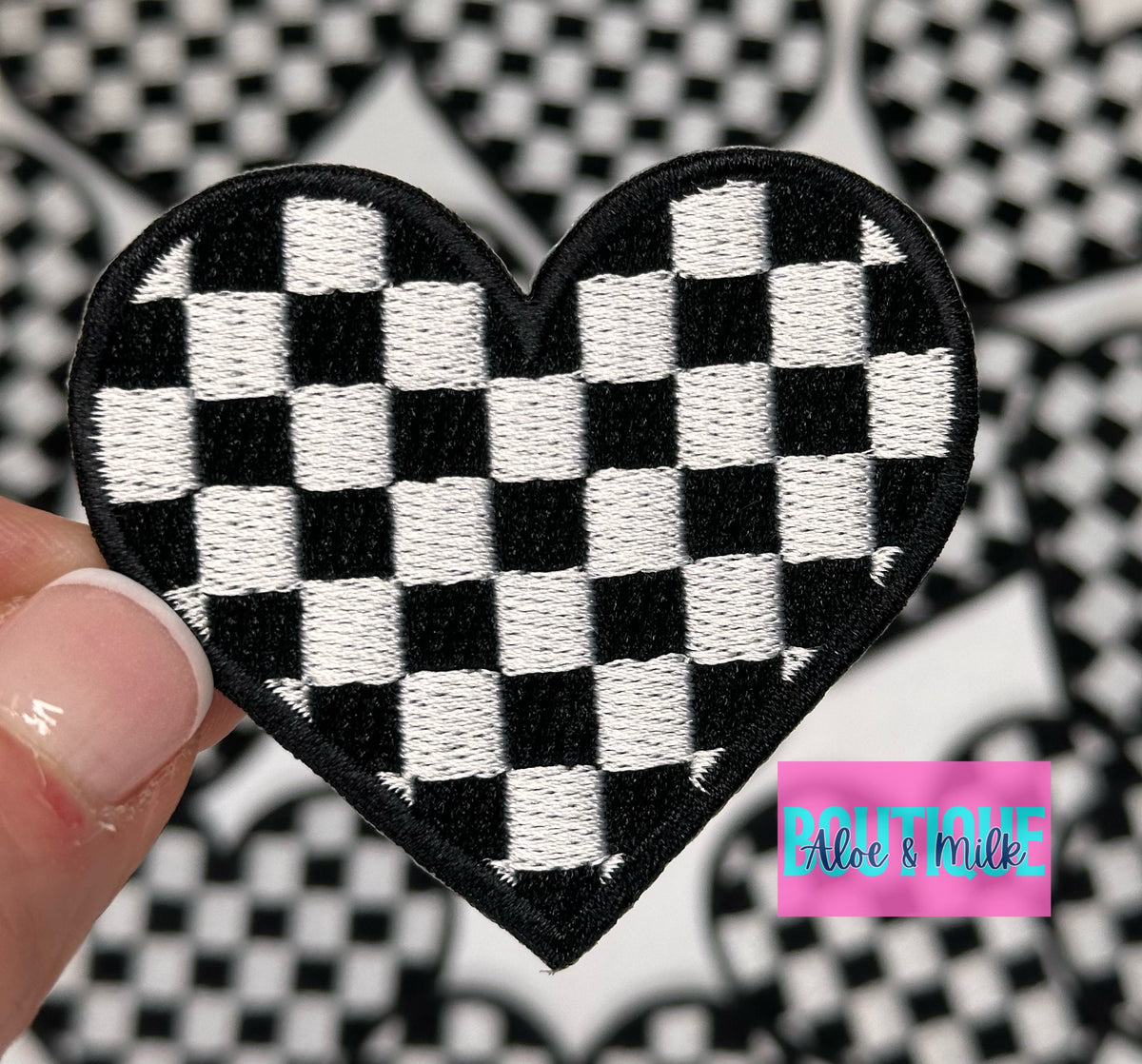 Checkered Heart Embroidered patch, heart patches, game day patches, dance patches, checkered patch