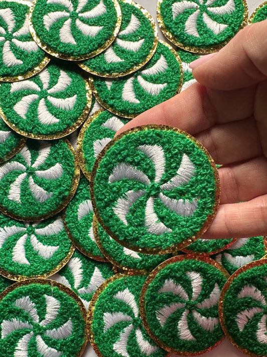 Christmas Chenille Green & White Candy Patch, Chenille Iron on patch, Glitter border patch, Iron On patch, Hat Patch, Christmas patch
