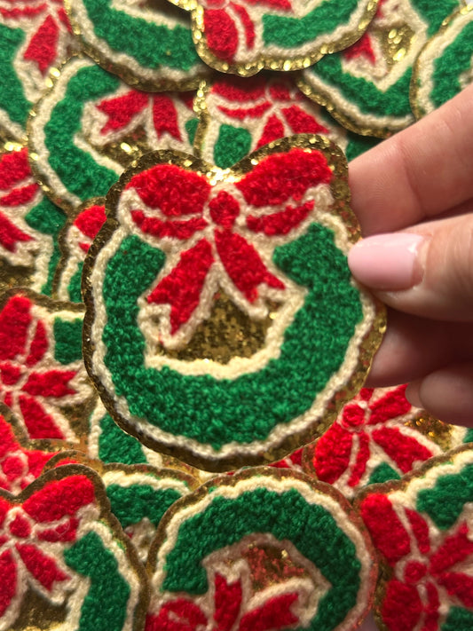 Christmas Chenille Wreath Patch, Chenille Iron on patch, Glitter border patch, Iron On patch, Hat Patch, Christmas patch