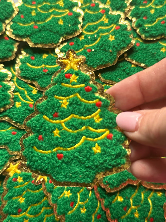 Christmas Chenille Tree Patch, Chenille Iron on patch, Glitter border patch, Iron On patch, Hat Patch, Christmas patch